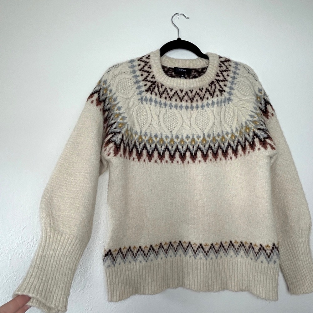 Cottage Granola Med AQUA Ski Sweater Fair Isle Cable Knit Cream MultiColor Yoke